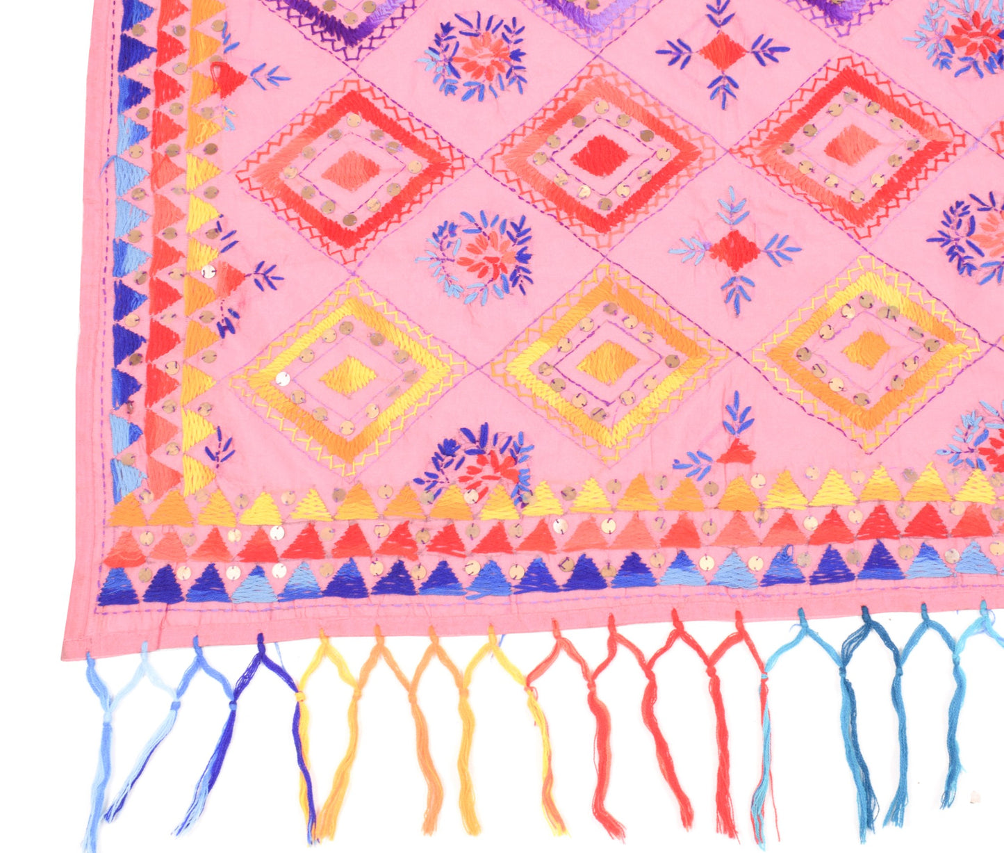 Sushila Vintage Pink Dupatta Art Silk Handmade Floral Phulkari OOAK Long Stole