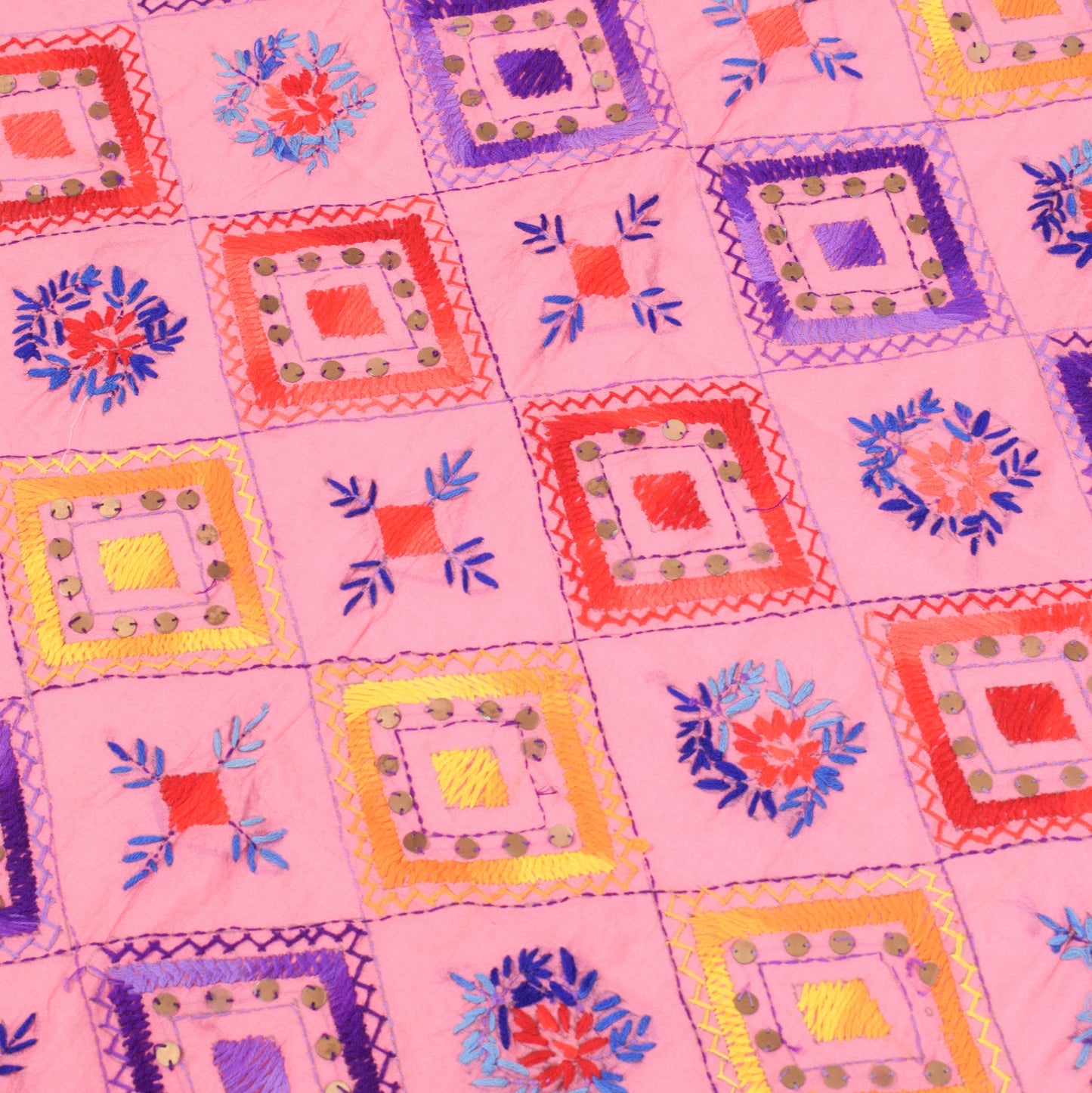 Sushila Vintage Pink Dupatta Art Silk Handmade Floral Phulkari OOAK Long Stole