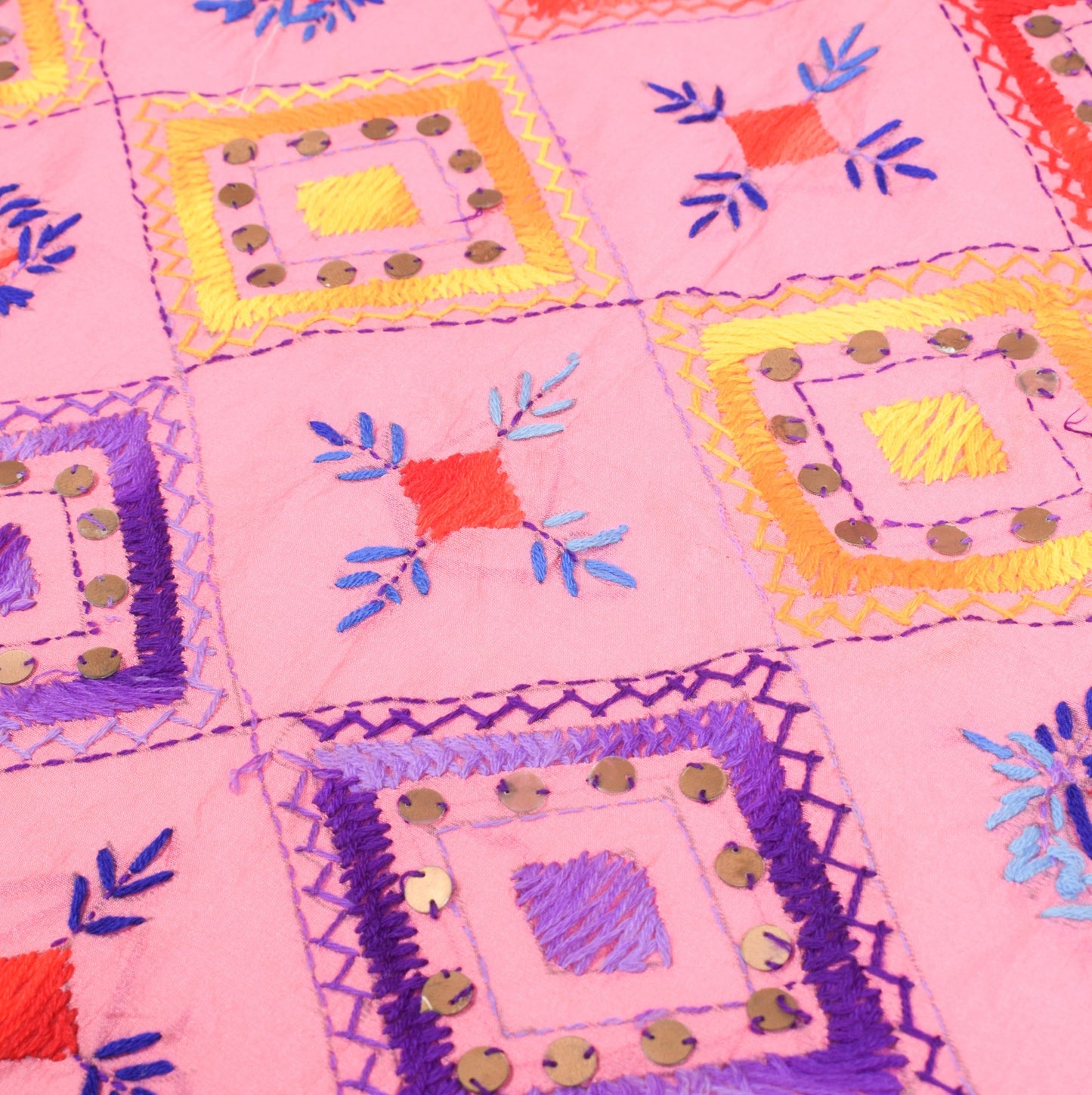 Sushila Vintage Pink Dupatta Art Silk Handmade Floral Phulkari OOAK Long Stole