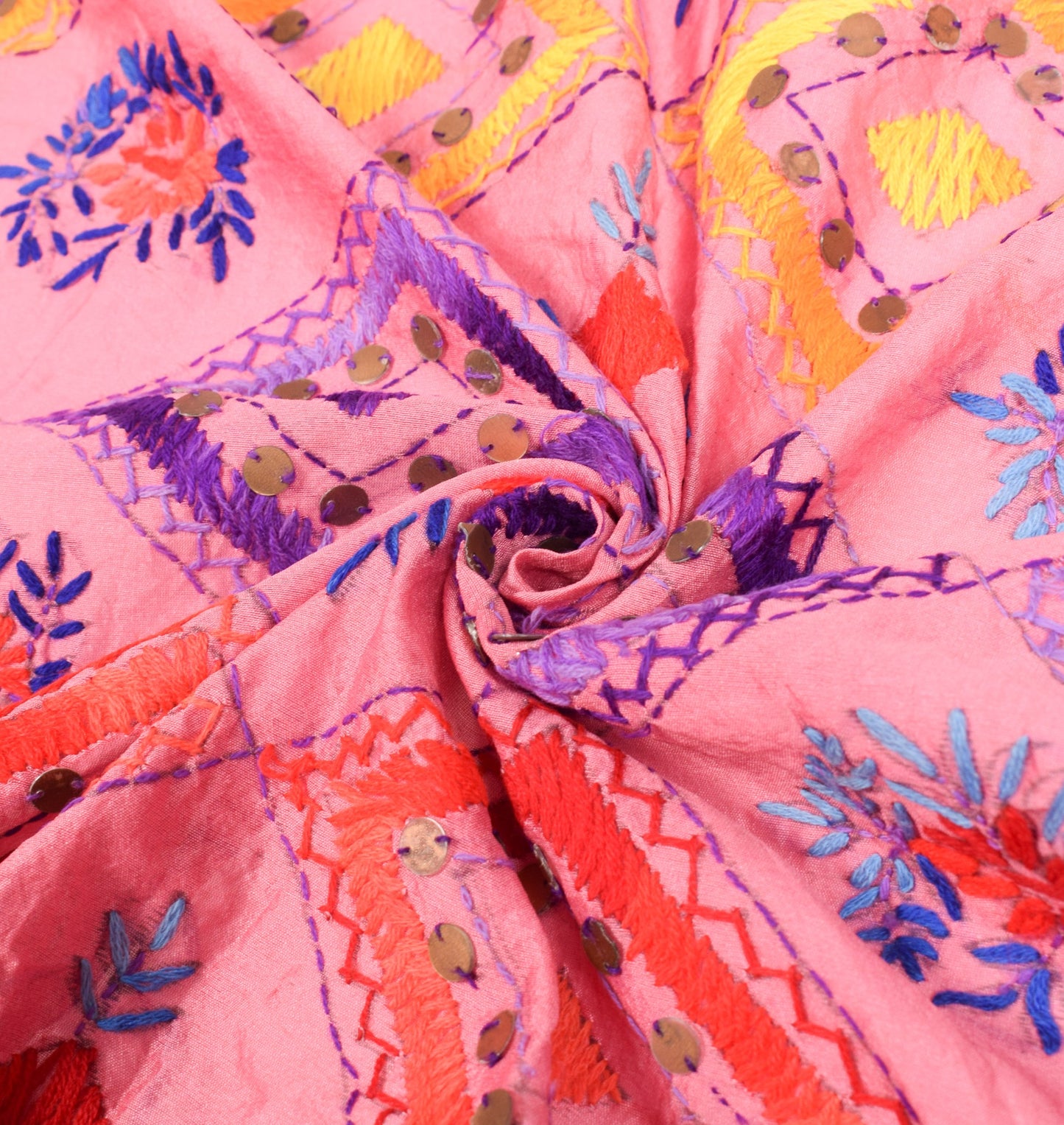 Sushila Vintage Pink Dupatta Art Silk Handmade Floral Phulkari OOAK Long Stole
