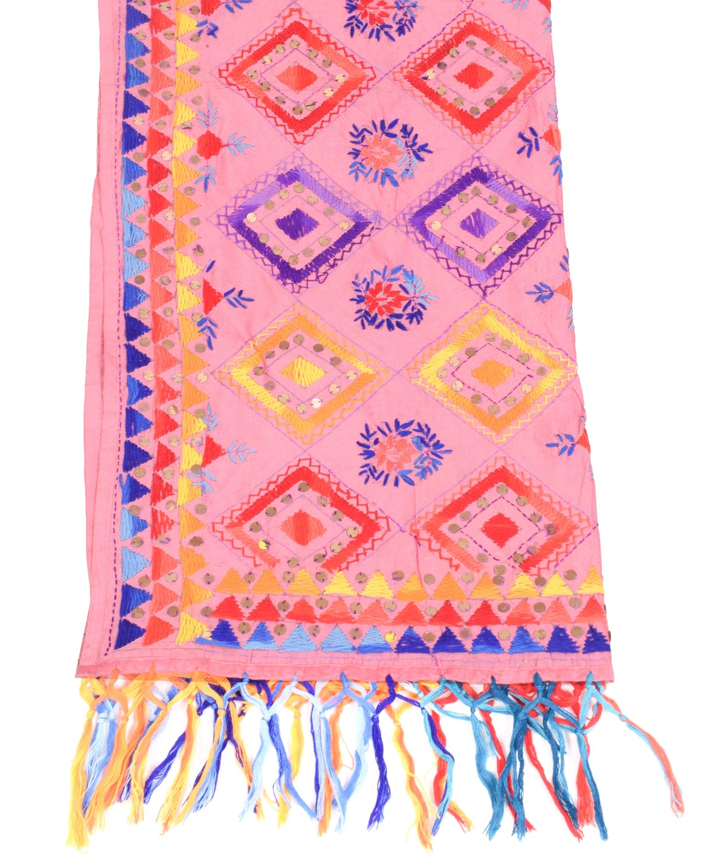Sushila Vintage Pink Dupatta Art Silk Handmade Floral Phulkari OOAK Long Stole