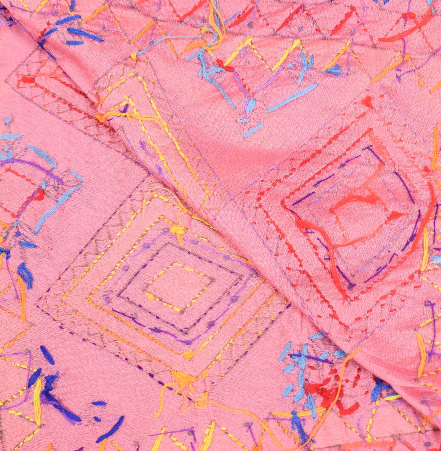 Sushila Vintage Pink Dupatta Art Silk Handmade Floral Phulkari OOAK Long Stole