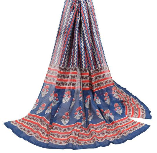 Sushila Vintage Hand Block Dupatta Blue Zig-Zag Printed Pure Cotton Long Stole