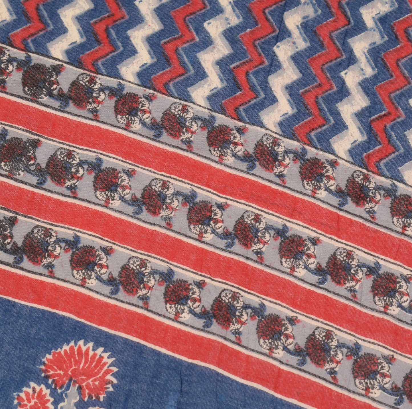 Sushila Vintage Hand Block Dupatta Blue Zig-Zag Printed Pure Cotton Long Stole