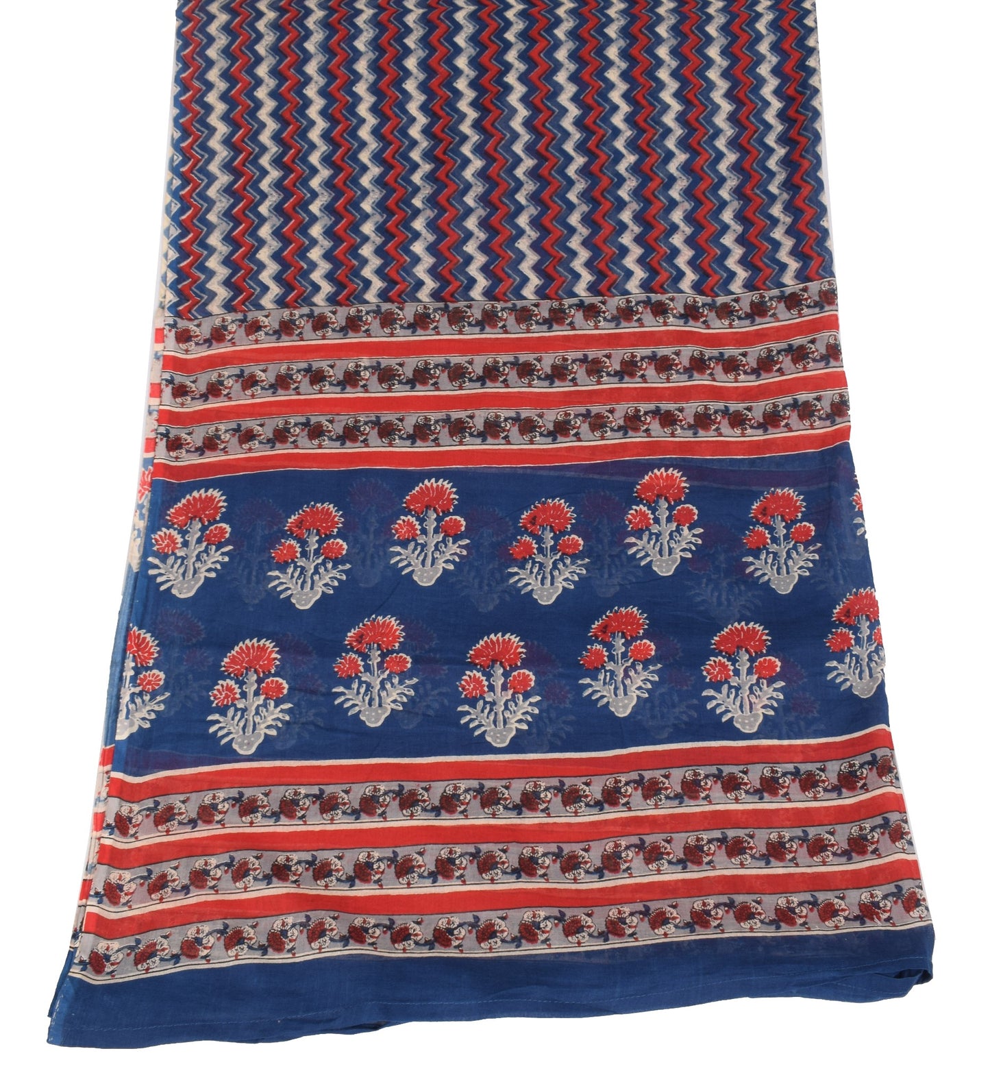 Sushila Vintage Hand Block Dupatta Blue Zig-Zag Printed Pure Cotton Long Stole