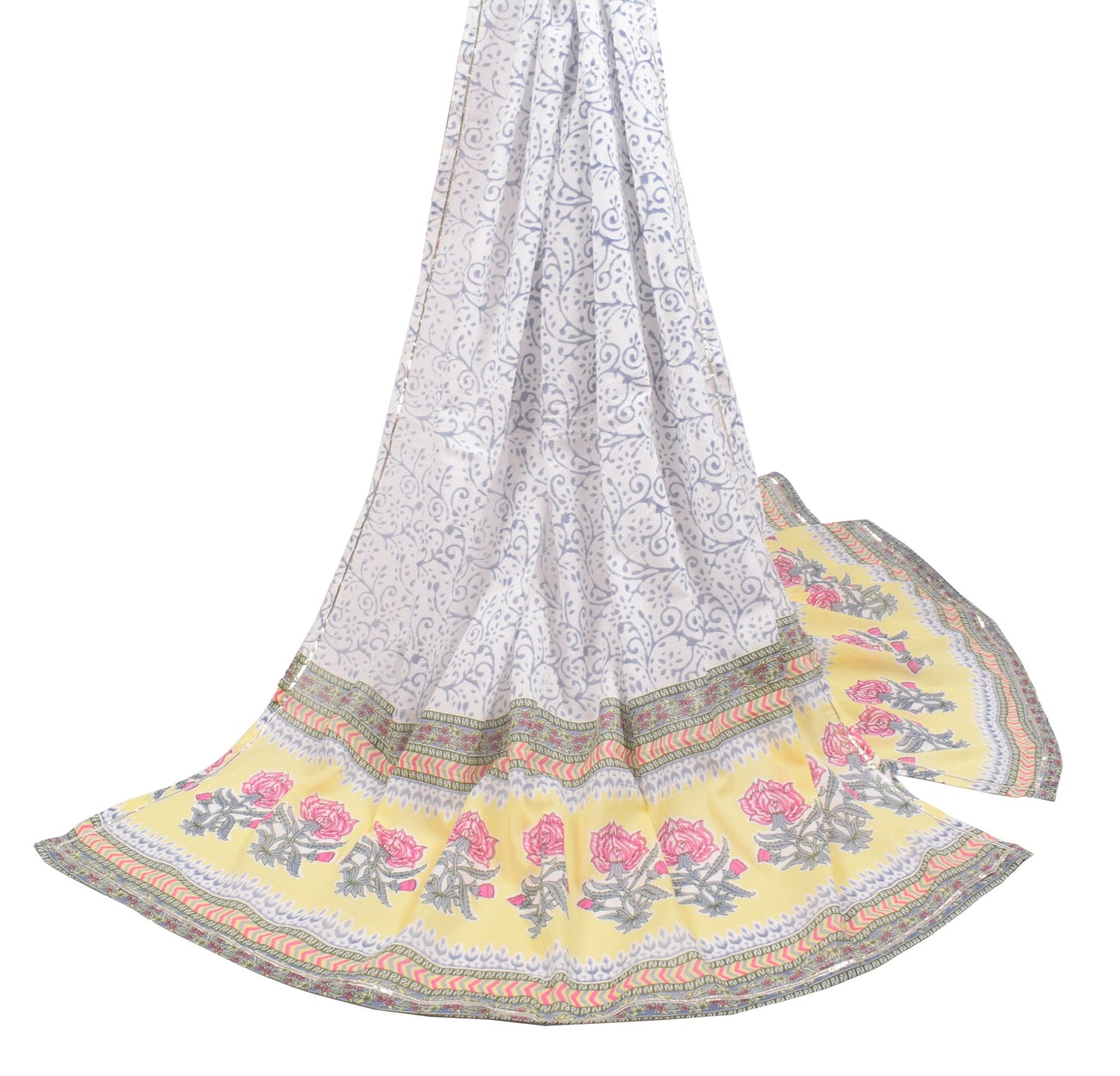 Sushila Vintage White Floral Dupatta Hand Block Printed Pure Cotton Long Stole