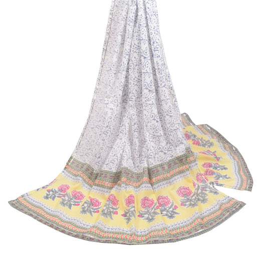 Sushila Vintage White Floral Dupatta Hand Block Printed Pure Cotton Long Stole