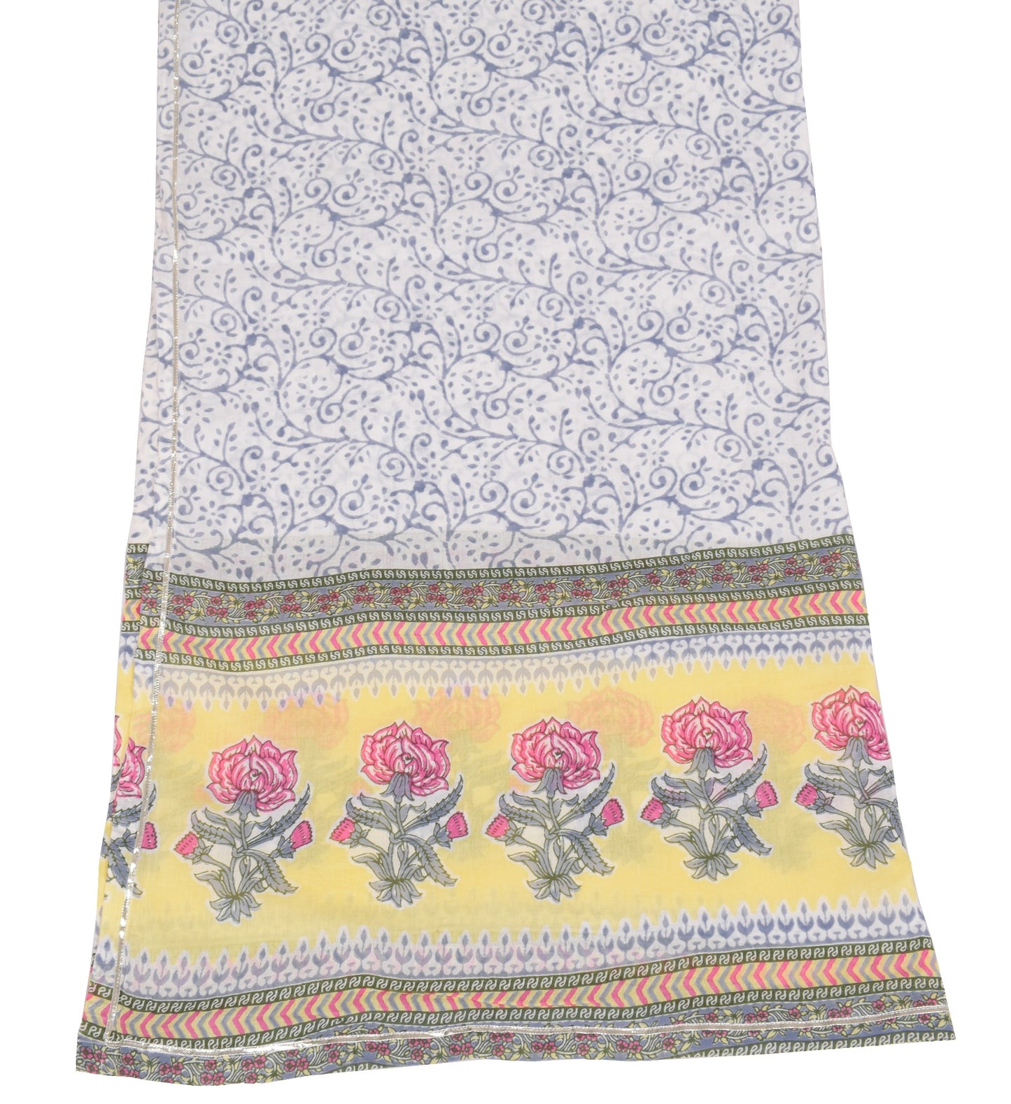 Sushila Vintage White Floral Dupatta Hand Block Printed Pure Cotton Long Stole