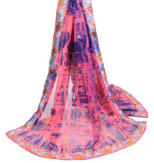 Sushila Vintage Tie-Dye Dupatta Pure Georgette Floral Embroidered Pink LongStole