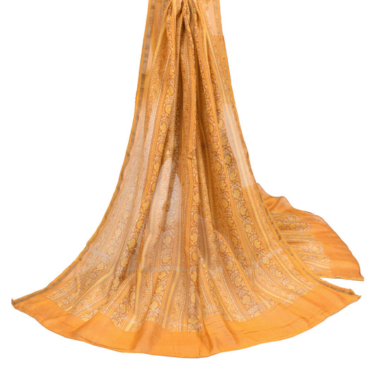 Sushila Vintage Mustard Floral Dupatta Pure Cotton Silk Hand Printed Long Stole
