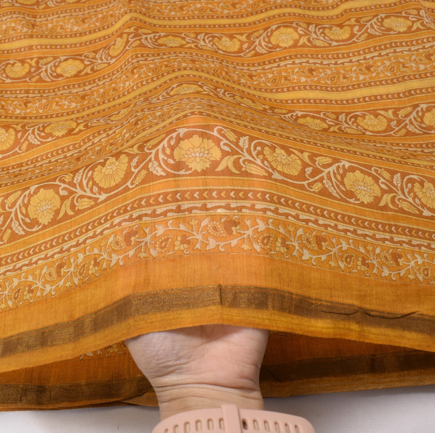 Sushila Vintage Mustard Floral Dupatta Pure Cotton Silk Hand Printed Long Stole
