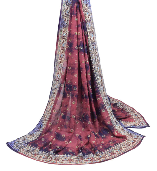 Sushila Vintage Maroon Tie-Dye Dupatta Pure Chiffon Hand Embordered Long Stole