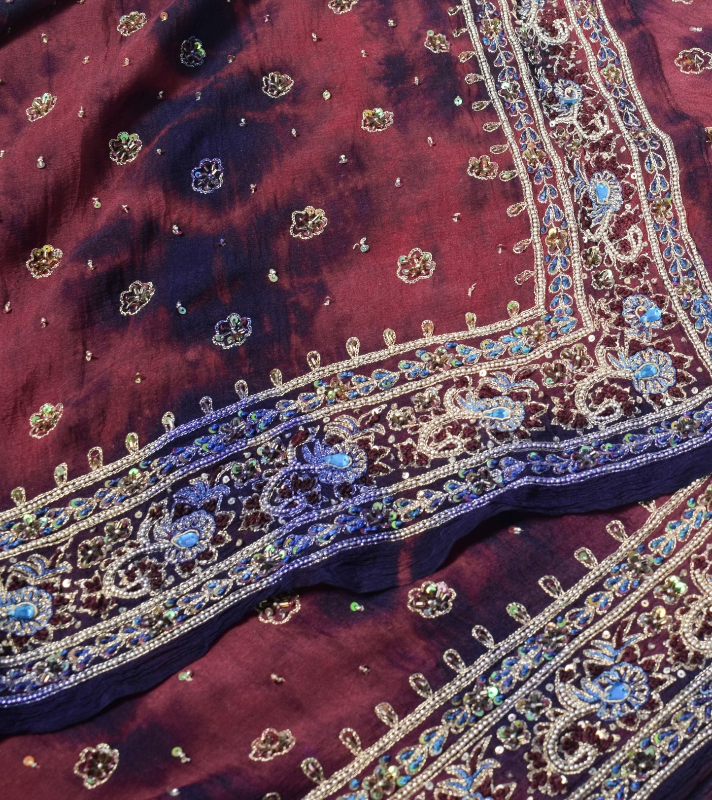 Sushila Vintage Maroon Tie-Dye Dupatta Pure Chiffon Hand Embordered Long Stole