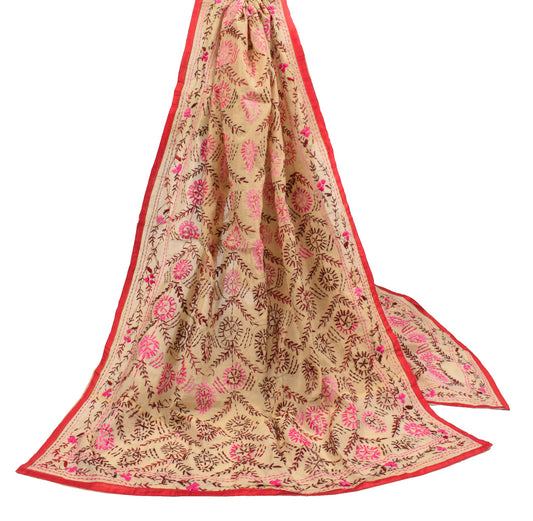 Sushila Vintage Beige Heavy Dupatta Art Silk Handmade Phulkari OOAK Long Stole