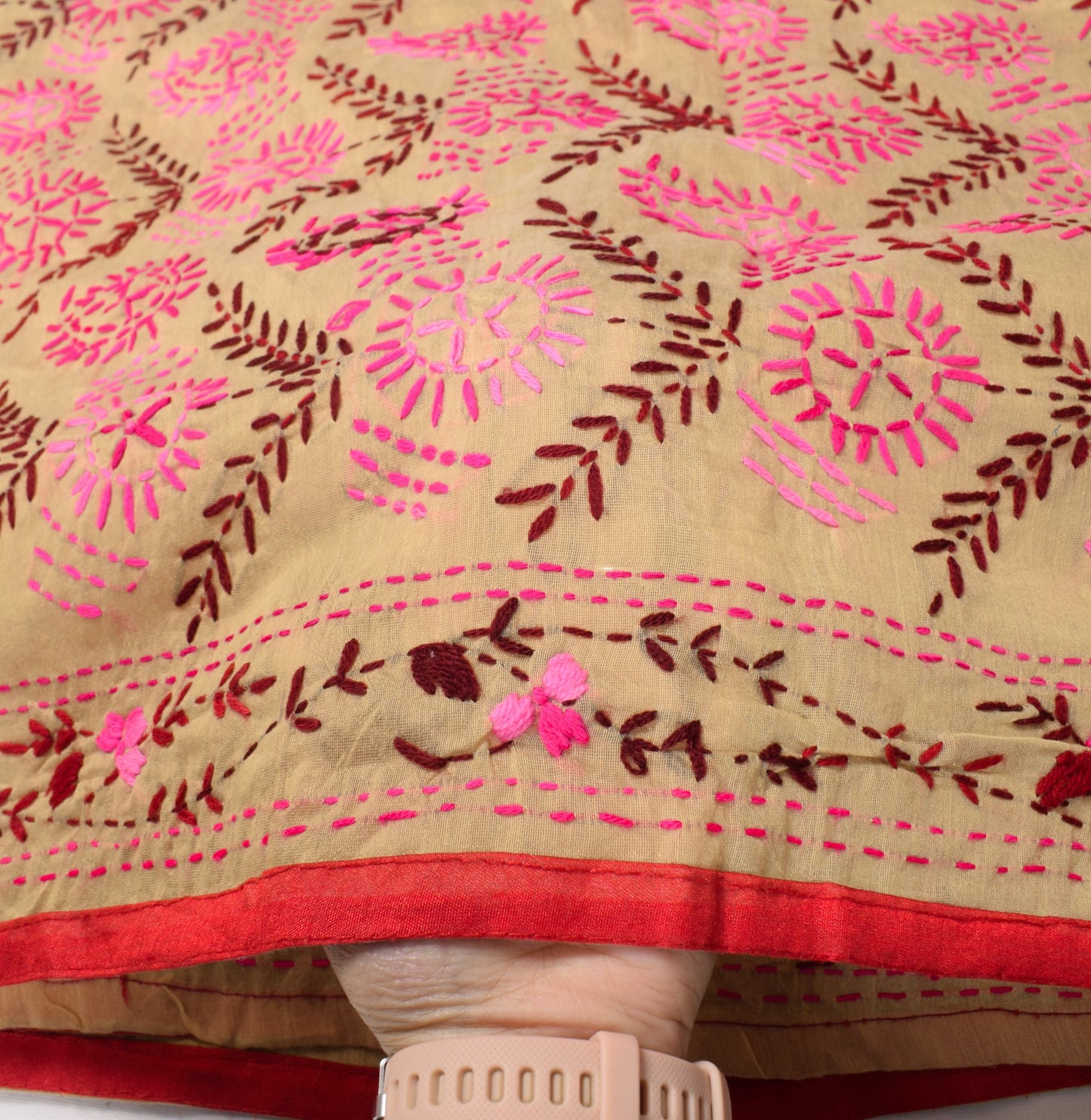 Sushila Vintage Beige Heavy Dupatta Art Silk Handmade Phulkari OOAK Long Stole