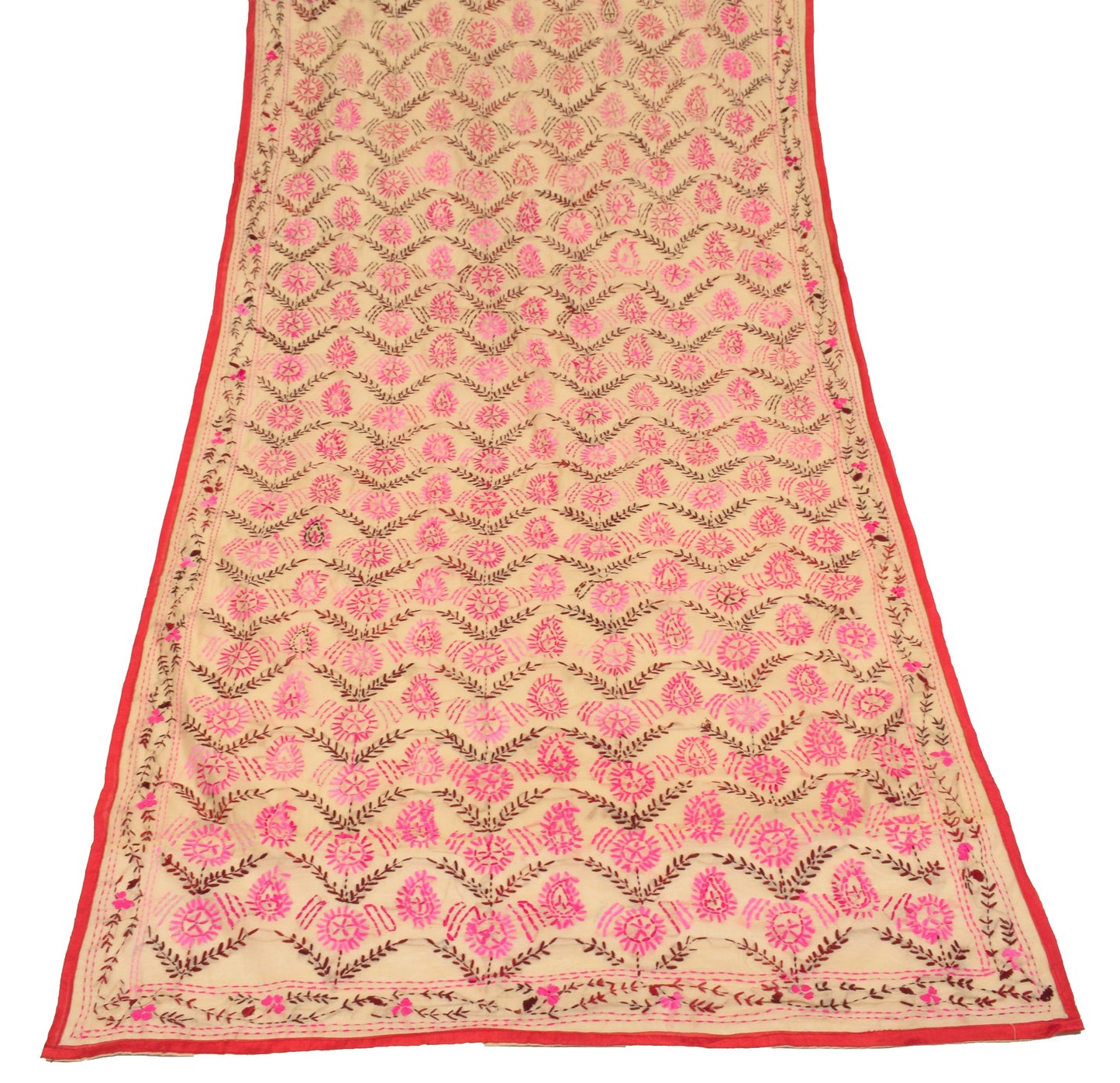 Sushila Vintage Beige Heavy Dupatta Art Silk Handmade Phulkari OOAK Long Stole