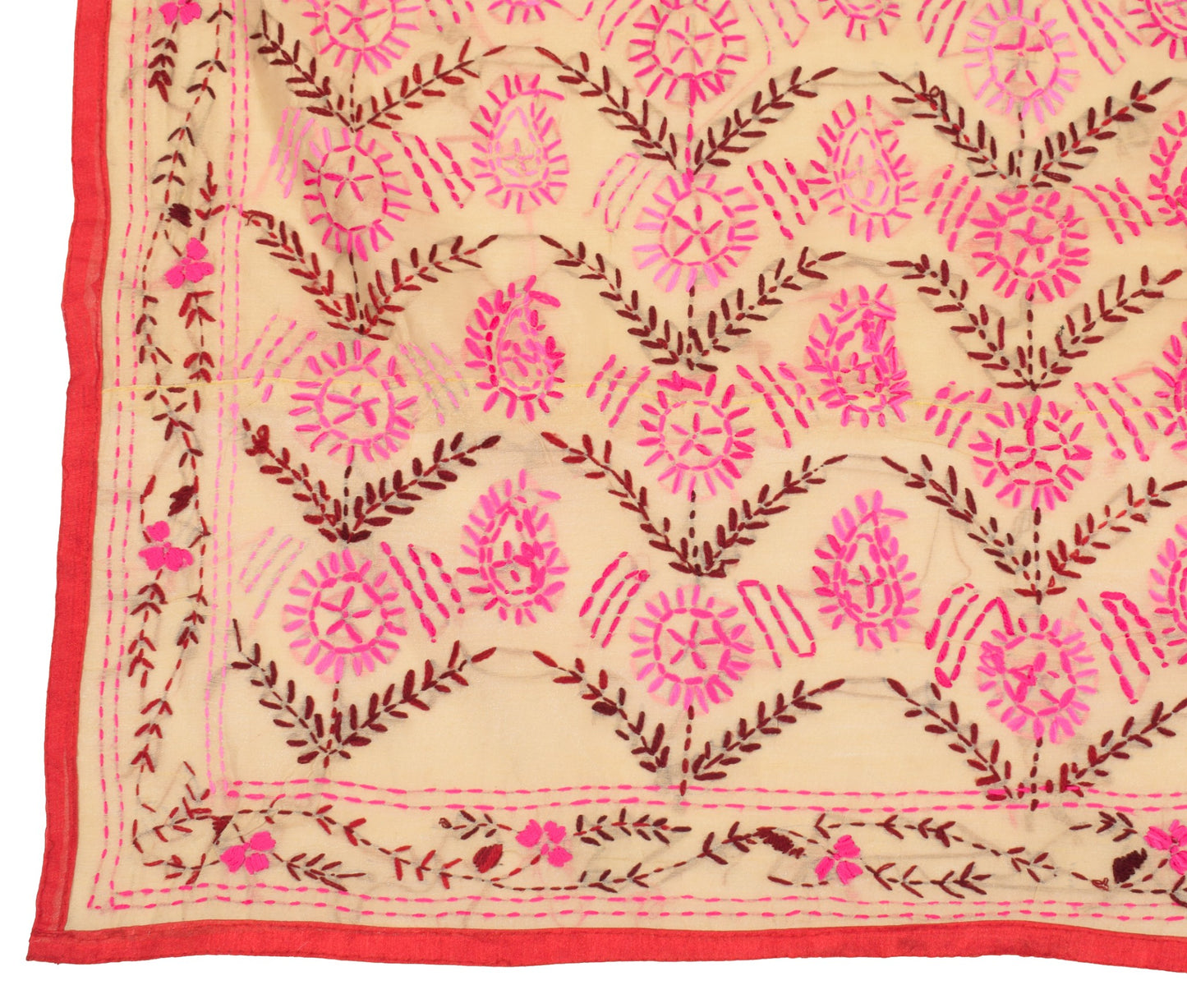 Sushila Vintage Beige Heavy Dupatta Art Silk Handmade Phulkari OOAK Long Stole