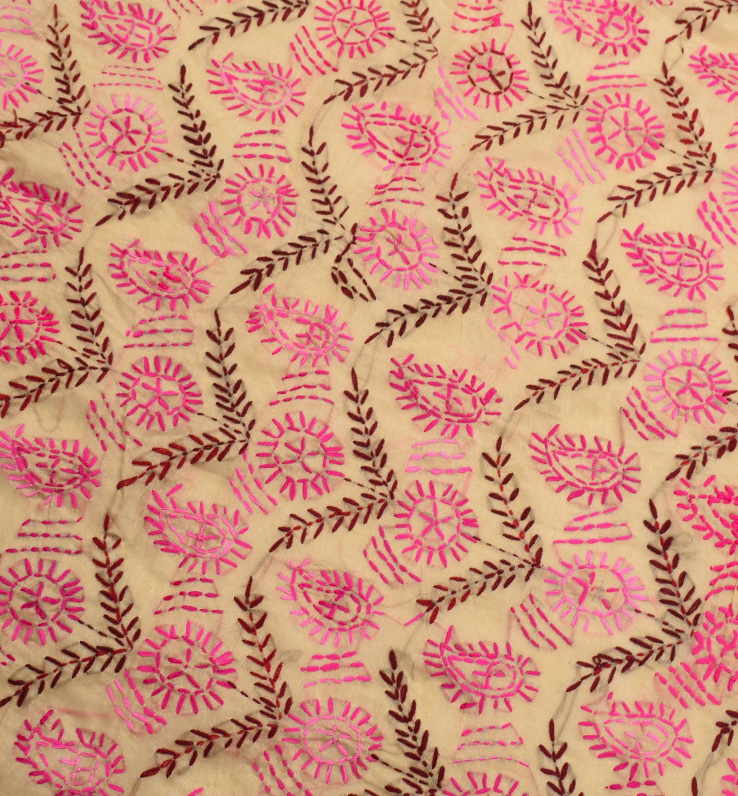 Sushila Vintage Beige Heavy Dupatta Art Silk Handmade Phulkari OOAK Long Stole