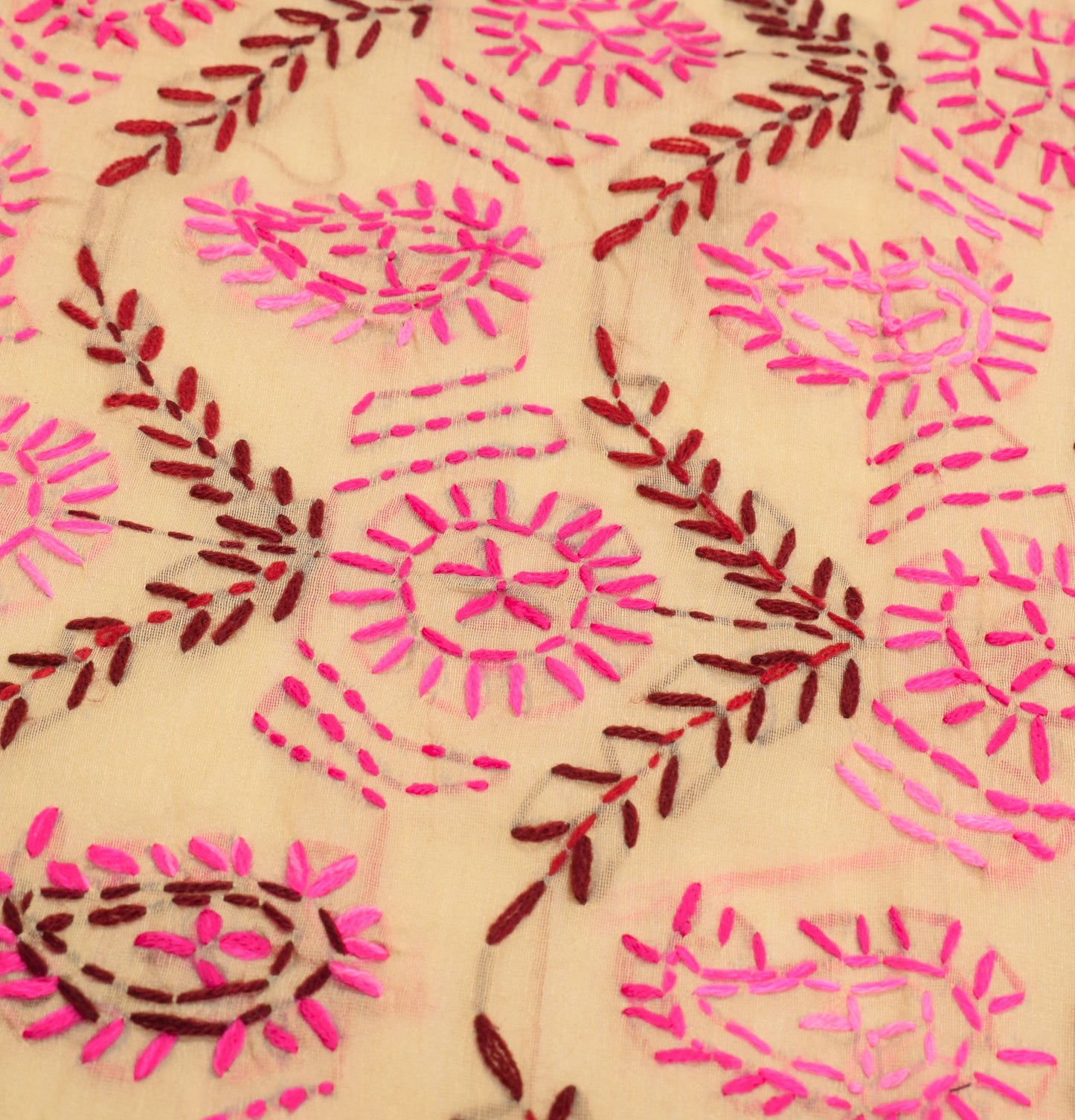 Sushila Vintage Beige Heavy Dupatta Art Silk Handmade Phulkari OOAK Long Stole