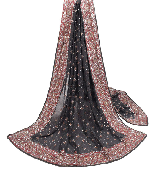 Sushila Vintage Sequins Embellish Dupatta Pure Chiffon Black Wedding Long Stole