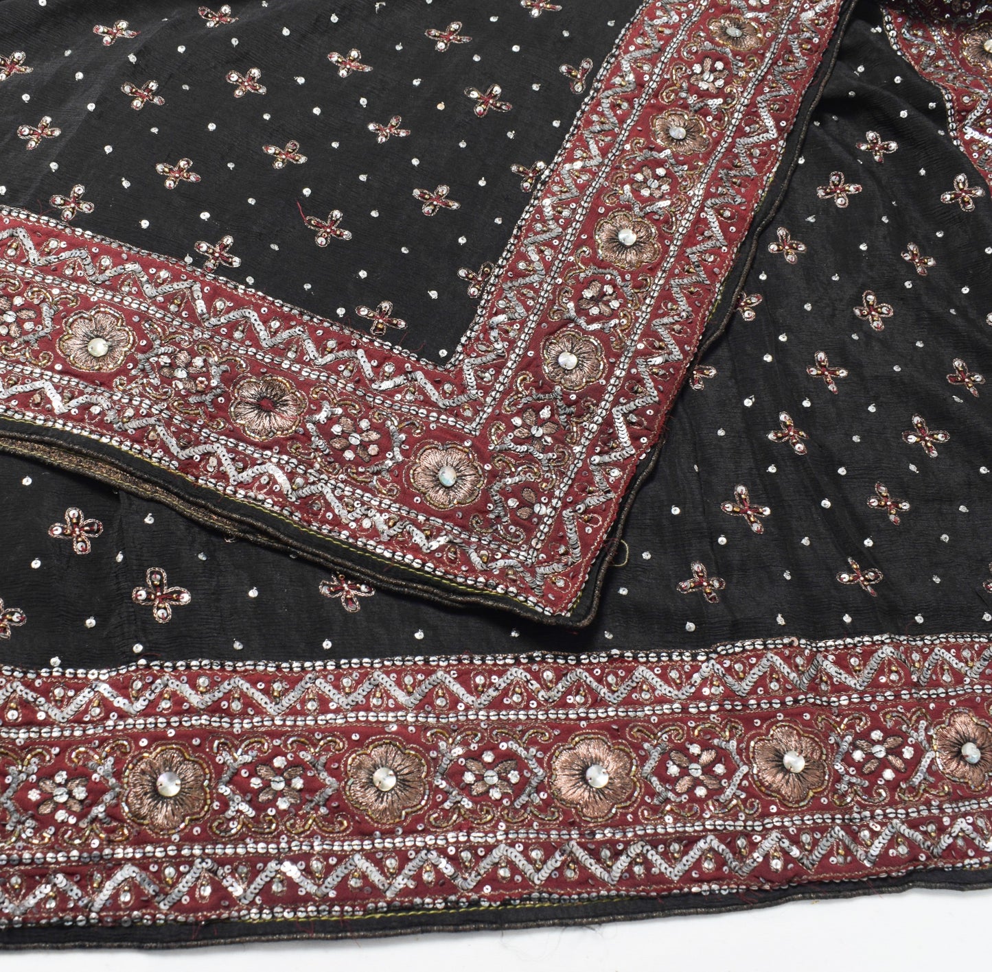 Sushila Vintage Sequins Embellish Dupatta Pure Chiffon Black Wedding Long Stole