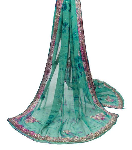 Sushila Vintage Teal Green Tie-Dye Dupatta Pure Chiffon Beads Work Long Stole