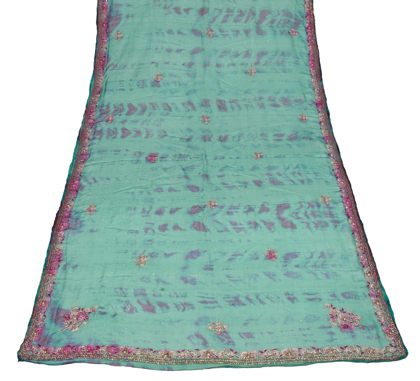 Sushila Vintage Teal Green Tie-Dye Dupatta Pure Chiffon Beads Work Long Stole