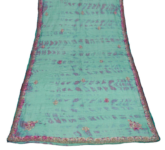 Sushila Vintage Teal Green Tie-Dye Dupatta Pure Chiffon Beads Work Long Stole