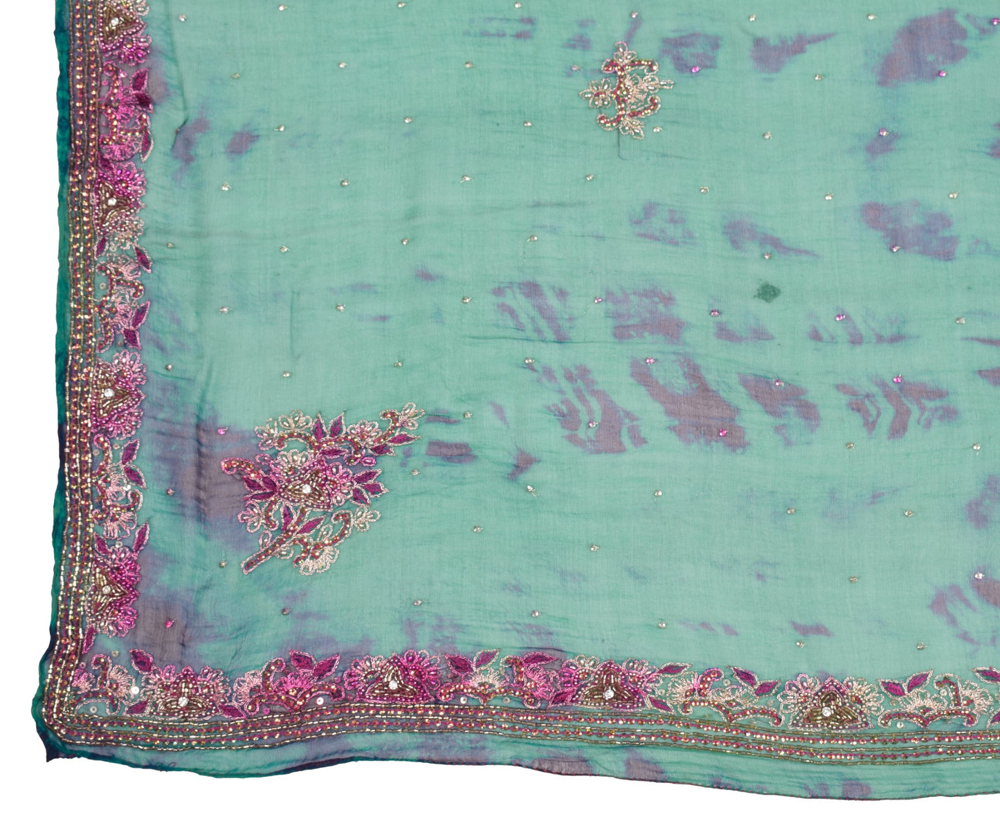 Sushila Vintage Teal Green Tie-Dye Dupatta Pure Chiffon Beads Work Long Stole