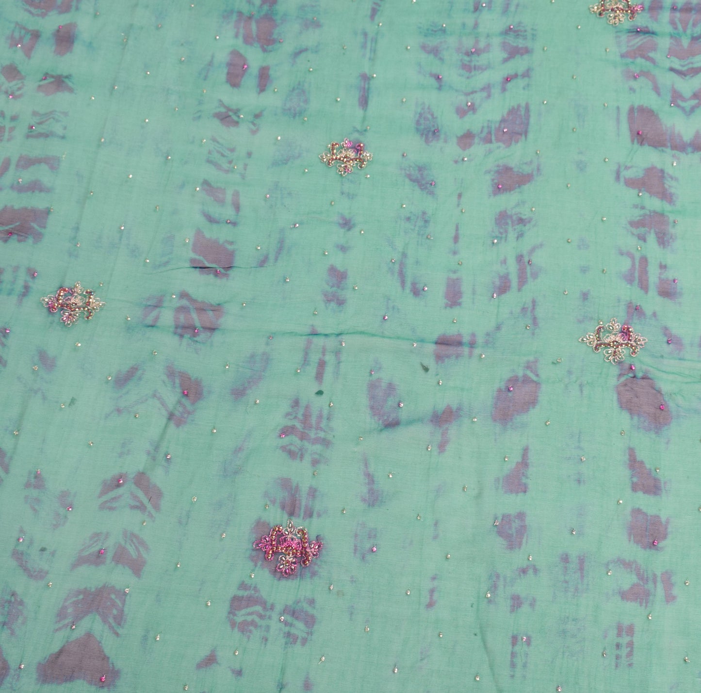 Sushila Vintage Teal Green Tie-Dye Dupatta Pure Chiffon Beads Work Long Stole