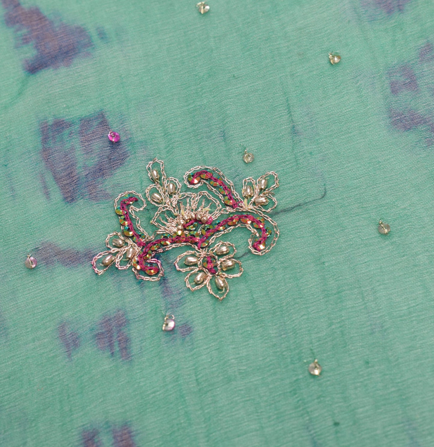 Sushila Vintage Teal Green Tie-Dye Dupatta Pure Chiffon Beads Work Long Stole