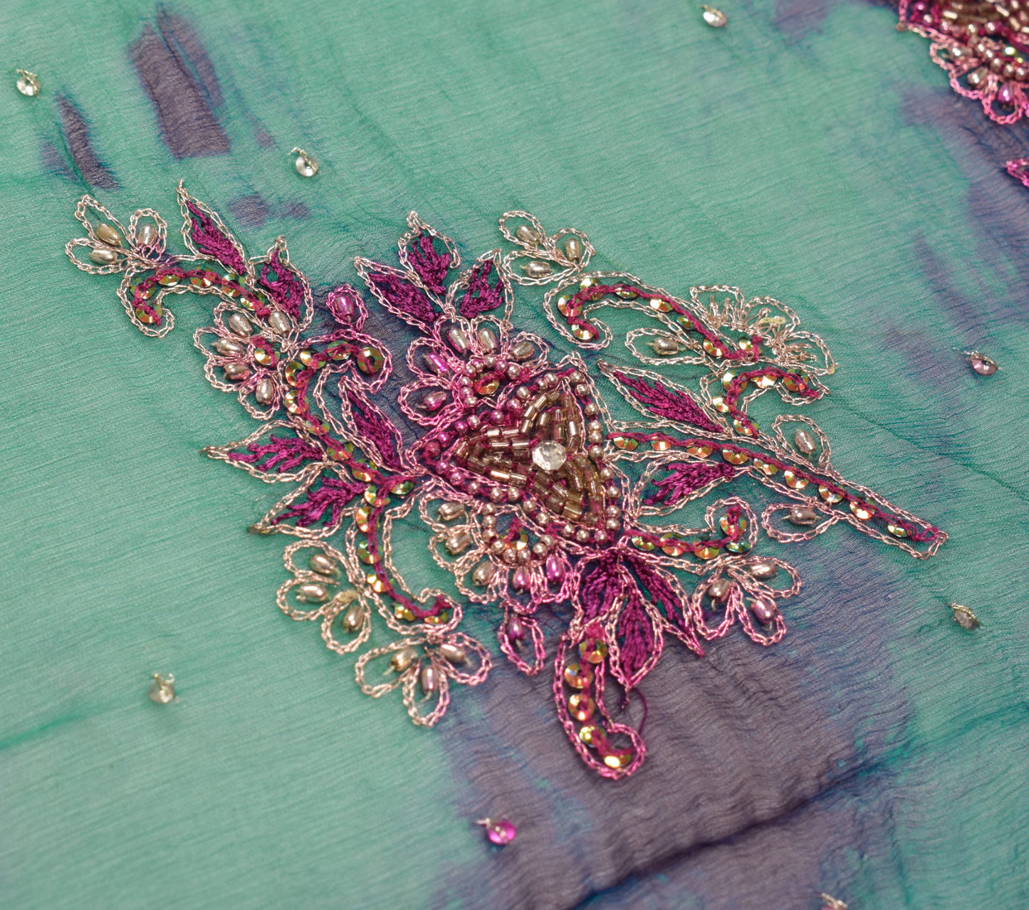 Sushila Vintage Teal Green Tie-Dye Dupatta Pure Chiffon Beads Work Long Stole