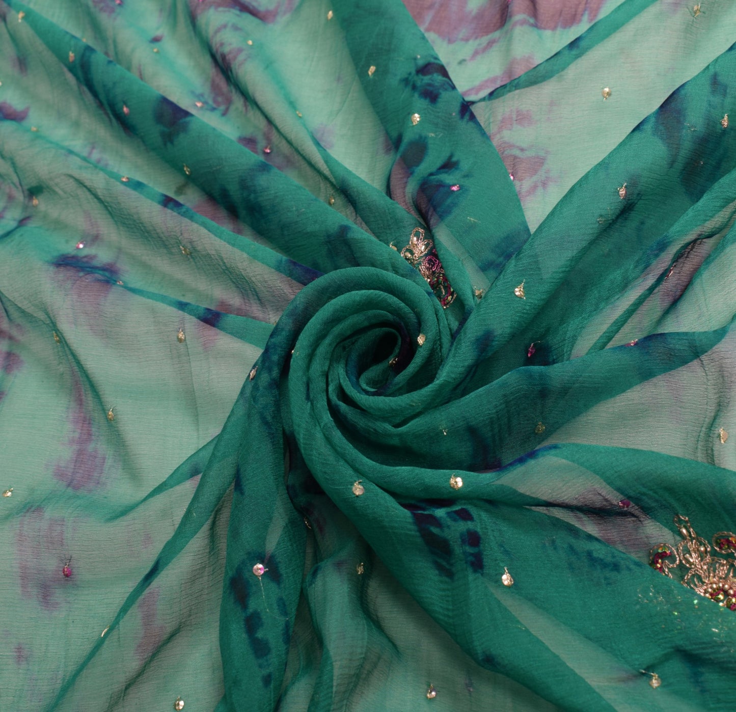 Sushila Vintage Teal Green Tie-Dye Dupatta Pure Chiffon Beads Work Long Stole