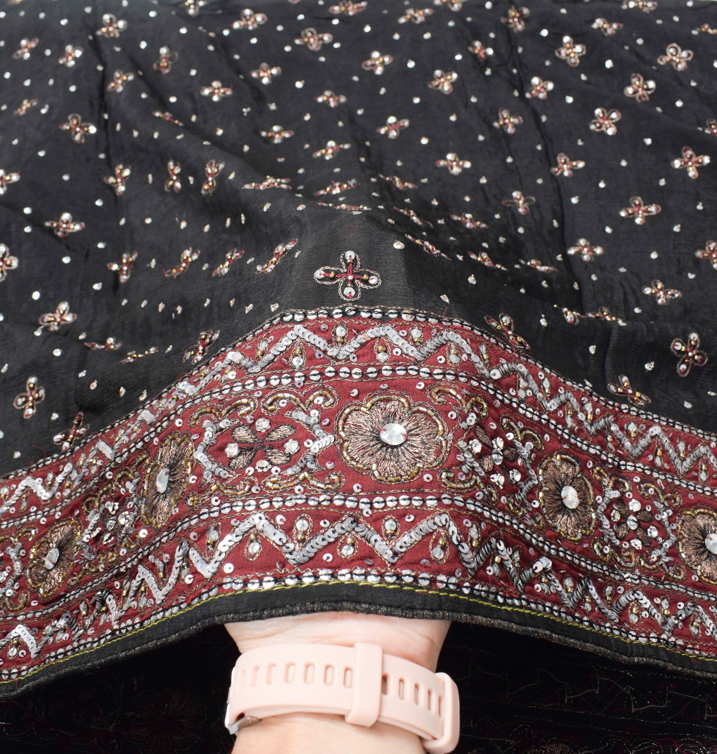 Sushila Vintage Sequins Embellish Dupatta Pure Chiffon Black Wedding Long Stole