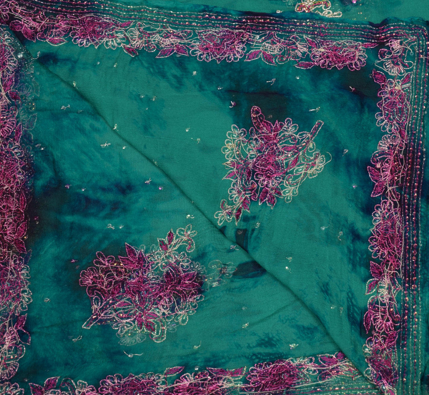Sushila Vintage Teal Green Tie-Dye Dupatta Pure Chiffon Beads Work Long Stole