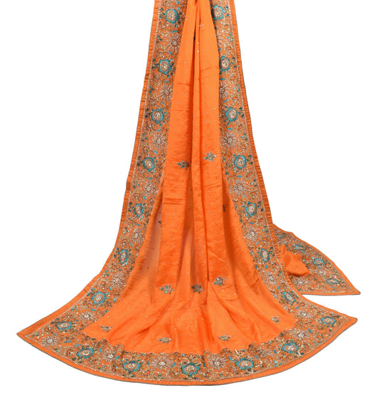Sushila Vintage Orange Pure Chiffon Dupatta Hand Embroidered Floral Long Stole