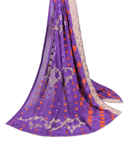 Sushila Vintage Purple Embroidered Dupatta Floral Pure Chiffon Indian Long Stole