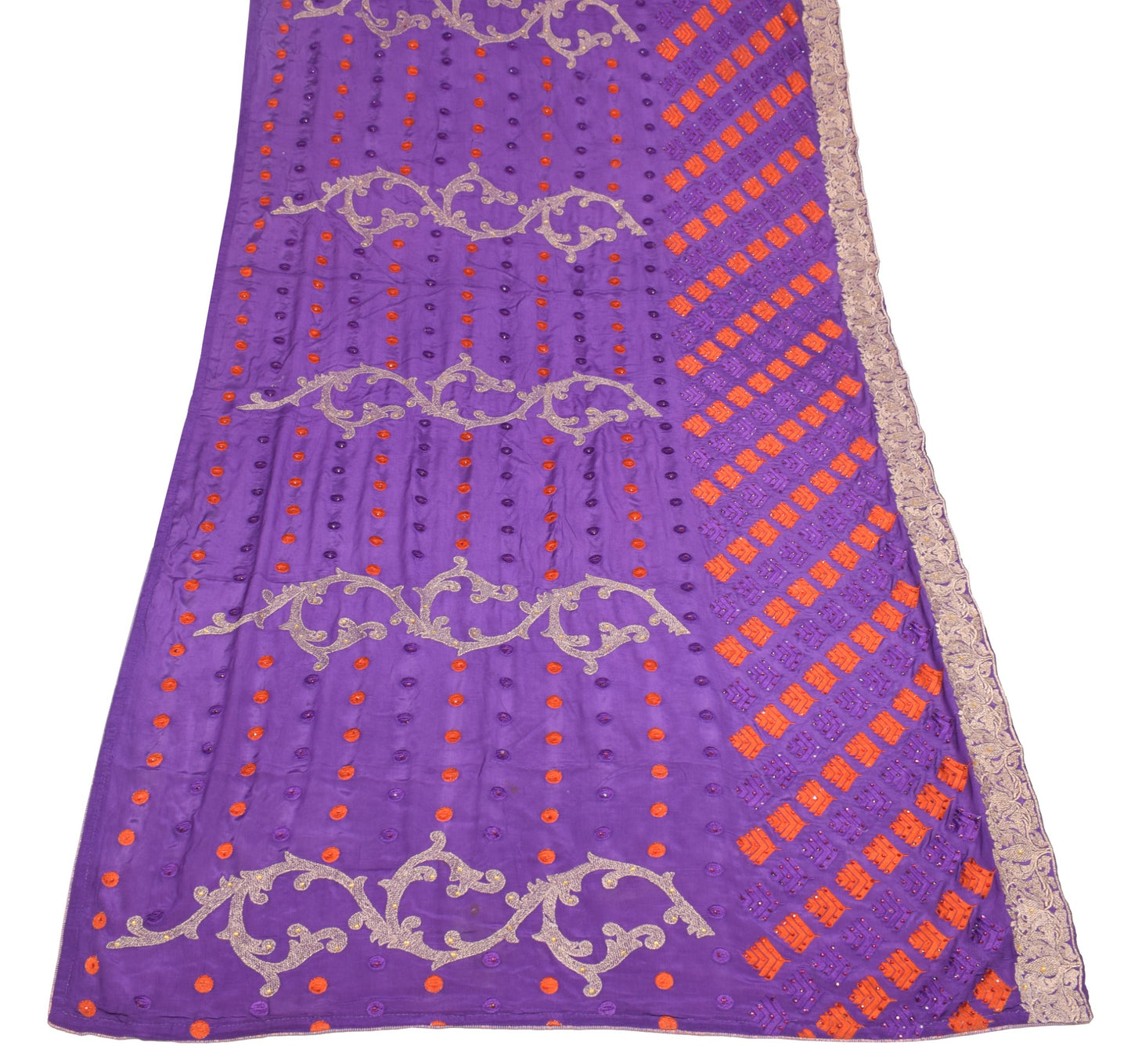 Sushila Vintage Purple Embroidered Dupatta Floral Pure Chiffon Indian Long Stole