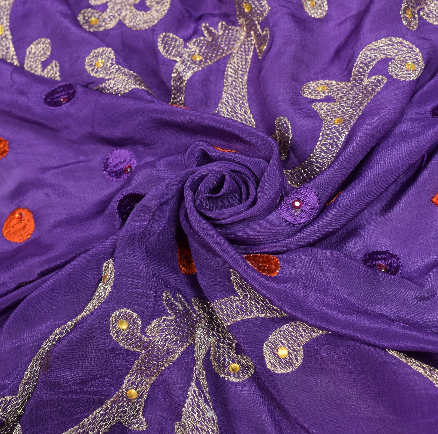 Sushila Vintage Purple Embroidered Dupatta Floral Pure Chiffon Indian Long Stole