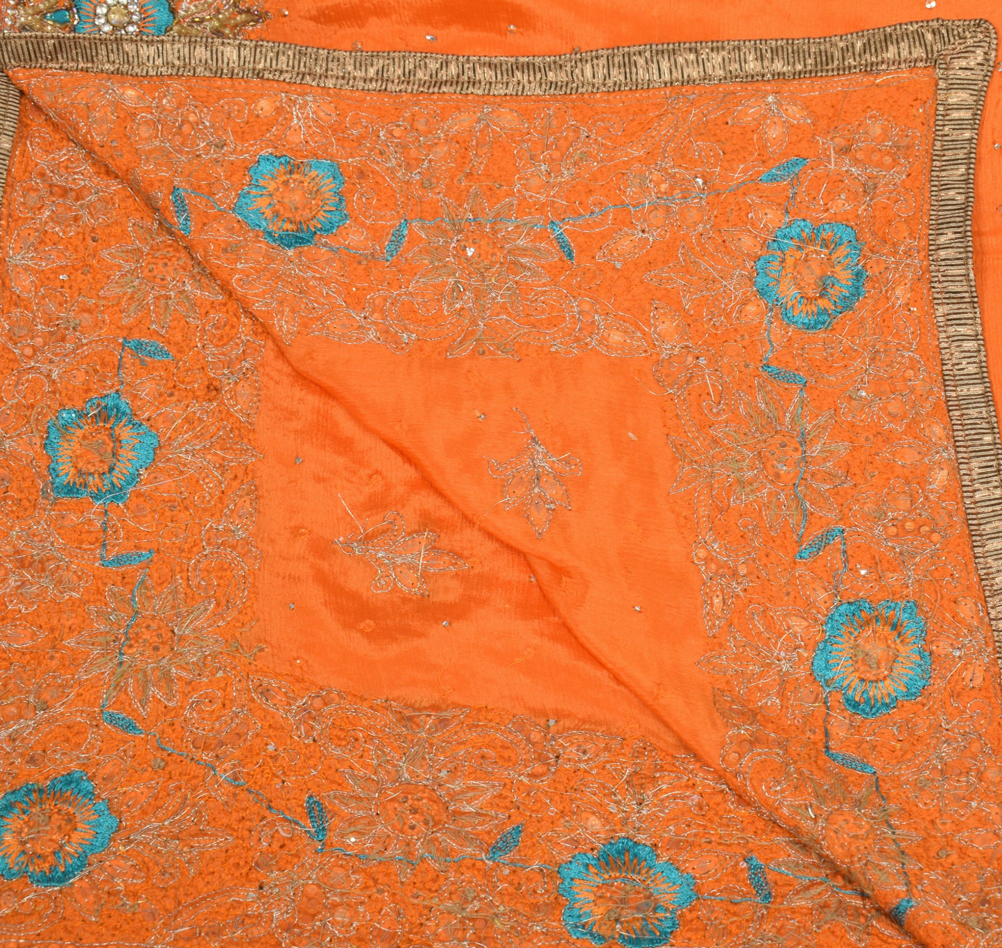 Sushila Vintage Orange Pure Chiffon Dupatta Hand Embroidered Floral Long Stole