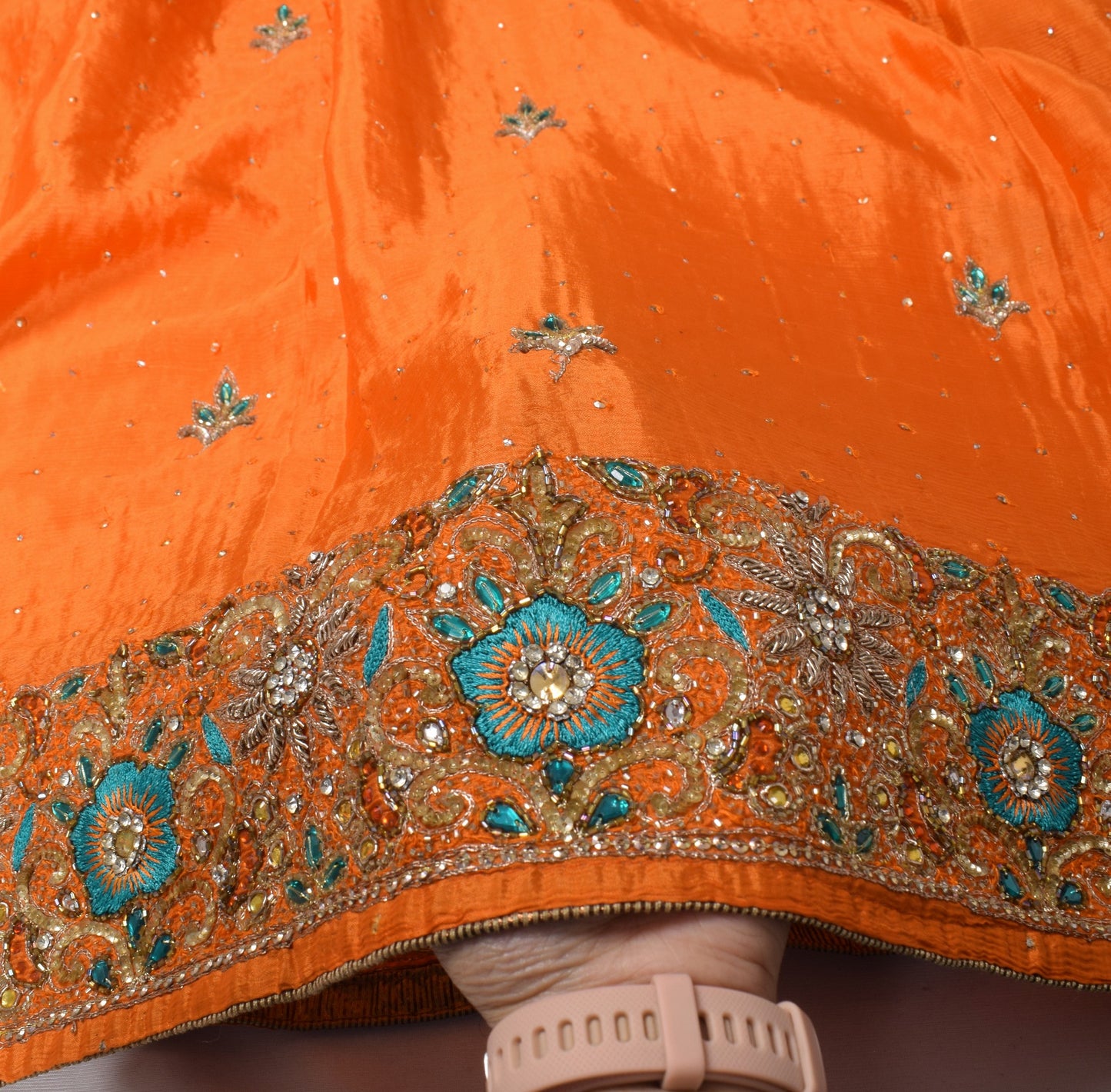 Sushila Vintage Orange Pure Chiffon Dupatta Hand Embroidered Floral Long Stole