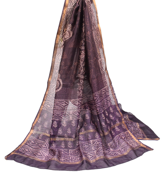 Sushila Vintage Dark Wine Dupatta Pure Cotton Silk Hand Print Floral Long Stole