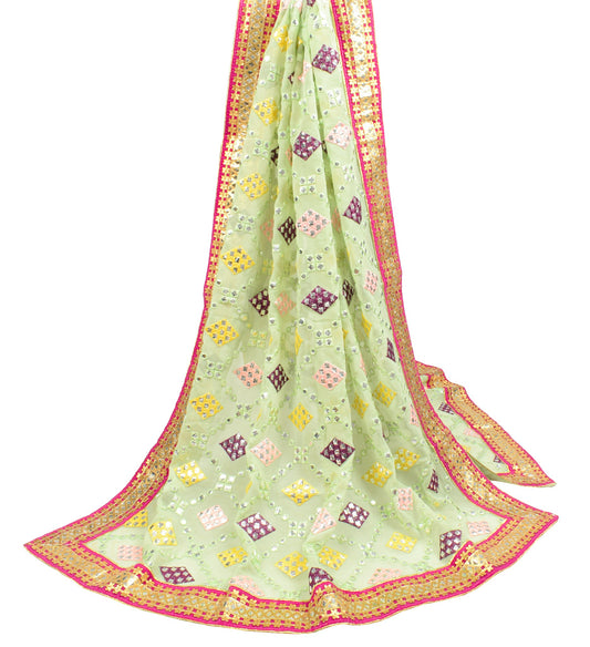 Sushila Vintage Green Embroidery Dupatta Plastic Mirror Art Georgette Long Stole
