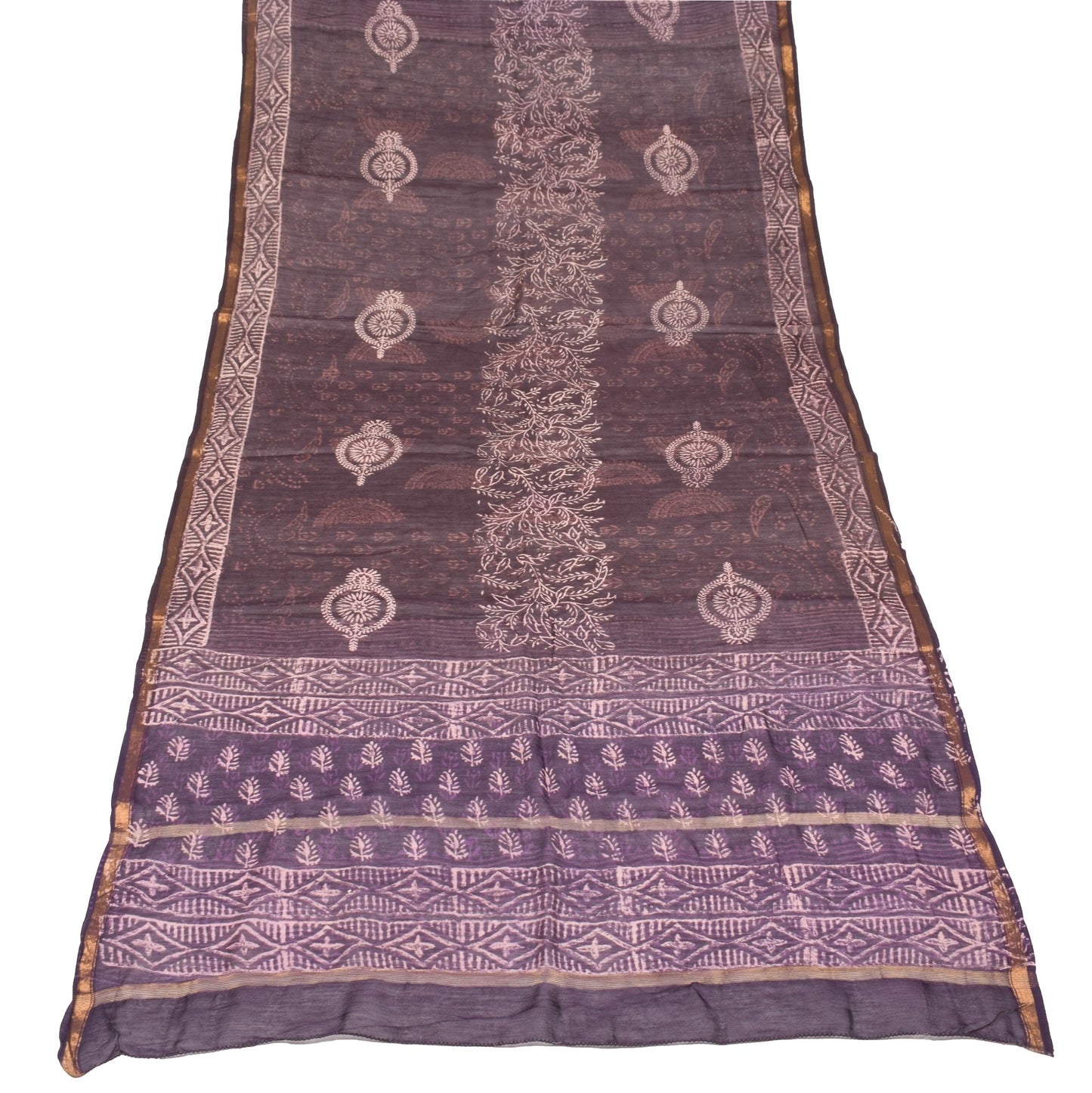 Sushila Vintage Dark Wine Dupatta Pure Cotton Silk Hand Print Floral Long Stole
