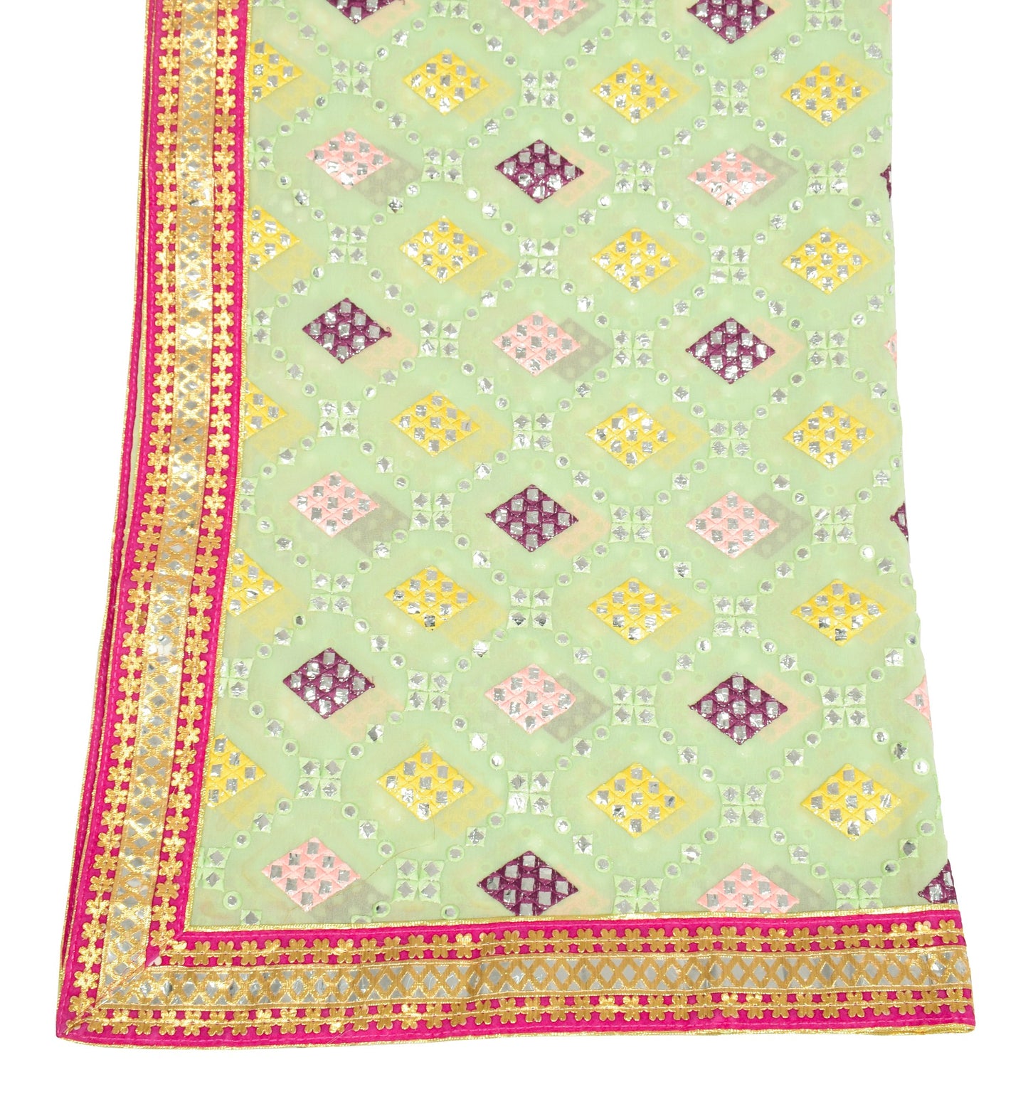 Sushila Vintage Green Embroidery Dupatta Plastic Mirror Art Georgette Long Stole