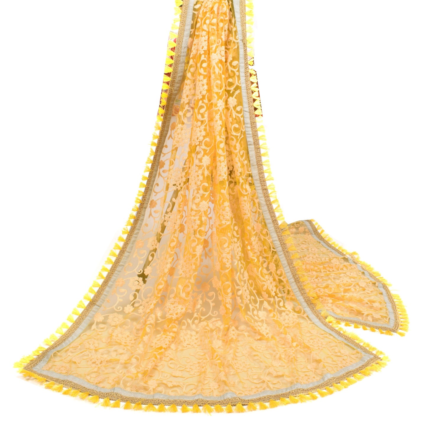 Sushila Vintage Yellow Net Dupatta Floral Embroidered with tassels Long Stole