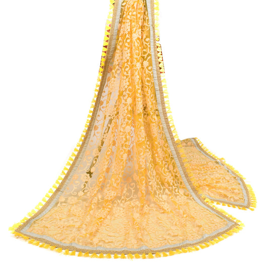 Sushila Vintage Yellow Net Dupatta Floral Embroidered with tassels Long Stole