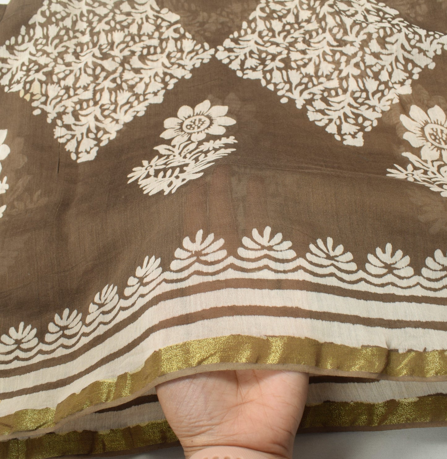 Sushila Vintage Brown Floral Dupatta Pure Cotton Silk Block Printed Long Stole