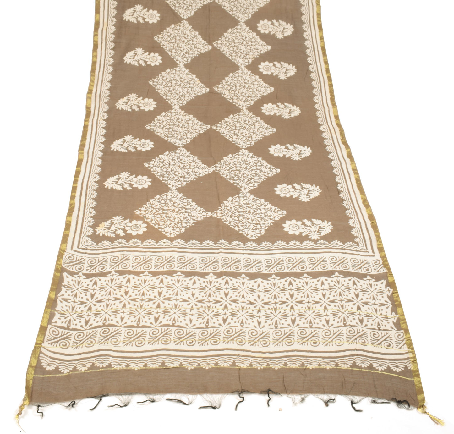 Sushila Vintage Brown Floral Dupatta Pure Cotton Silk Block Printed Long Stole