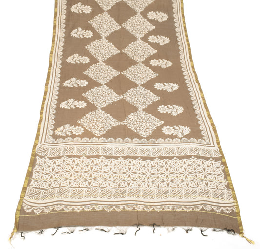Sushila Vintage Brown Floral Dupatta Pure Cotton Silk Block Printed Long Stole